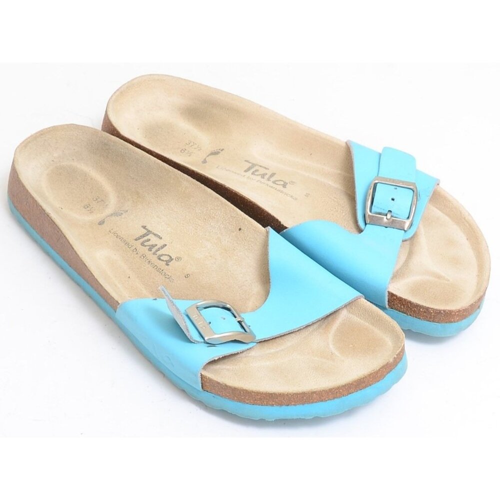Birkenstock Tula Women's 6.5 Blue Leather Flat Wedge Slide Sandals Spring Summer